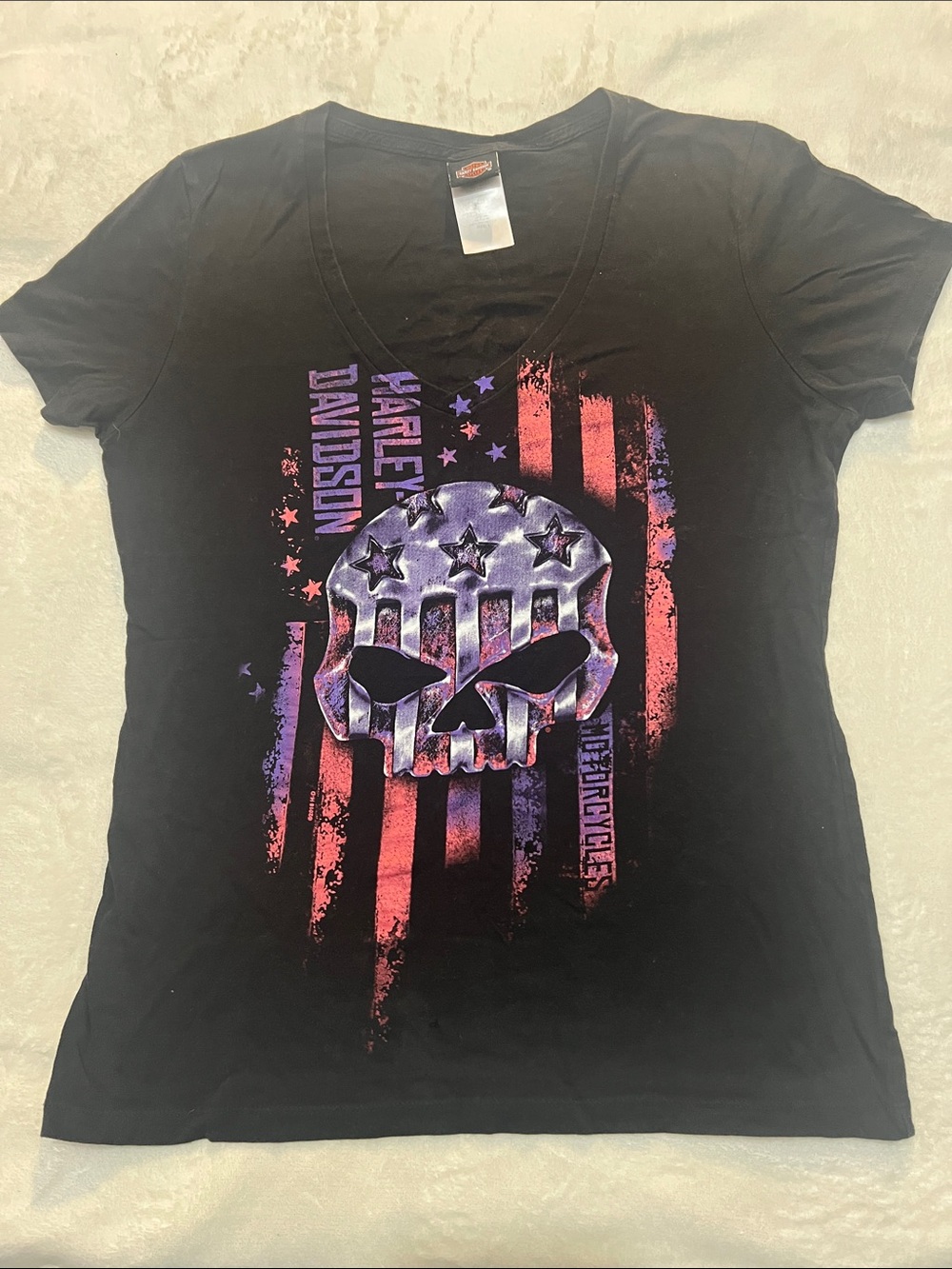 Harley-Davidson Black Tee with Purple Skull and Pink Flag